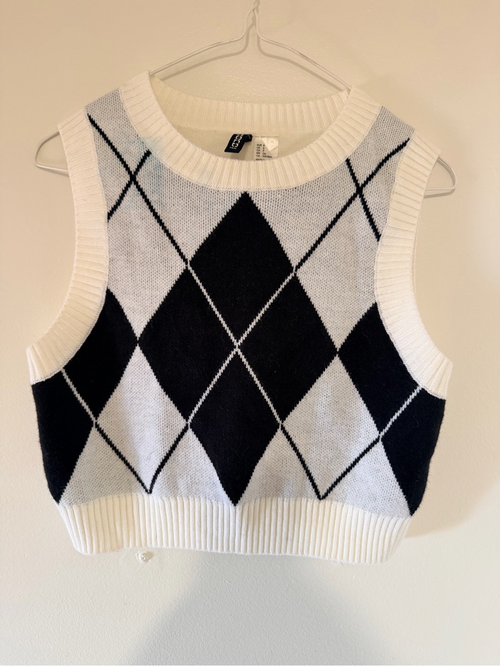 S Argyle Knit Crop Sweater Tank Top Black & White — H&M
